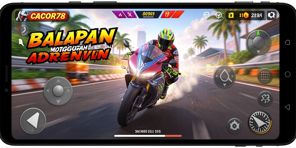 Screenshot gameplay CACOR78 menunjukkan balapan motor yang mendebarkan.