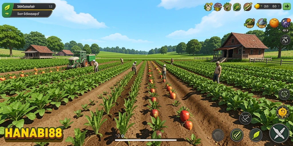 Screenshot gameplay HANABI88 menunjukkan aktivitas bertani yang menyenangkan.