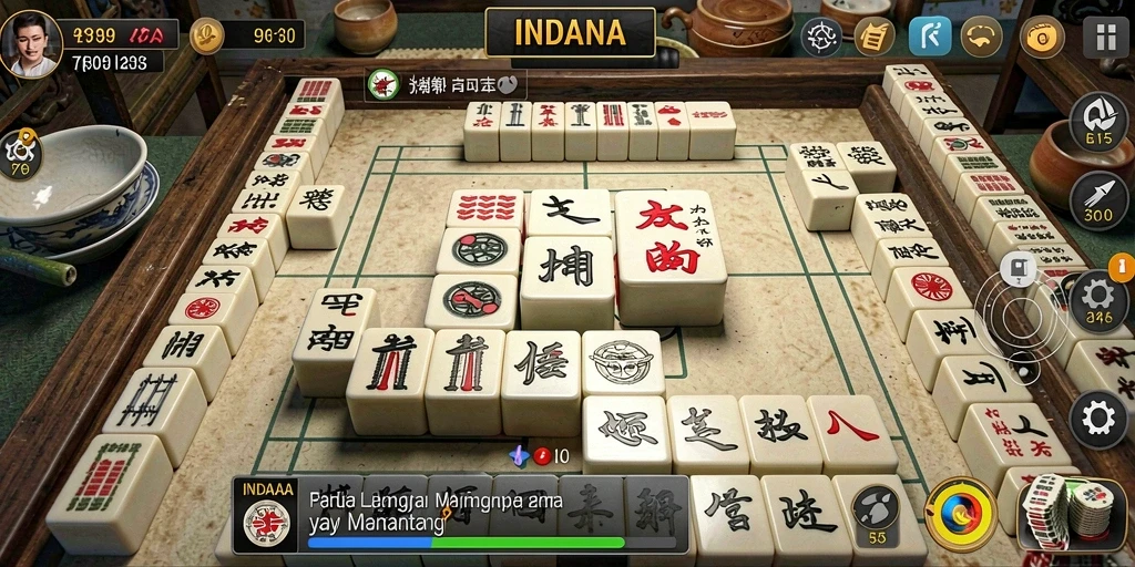 Tangkapan layar gameplay INDAAA dengan desain ubin Mahjong yang menarik.