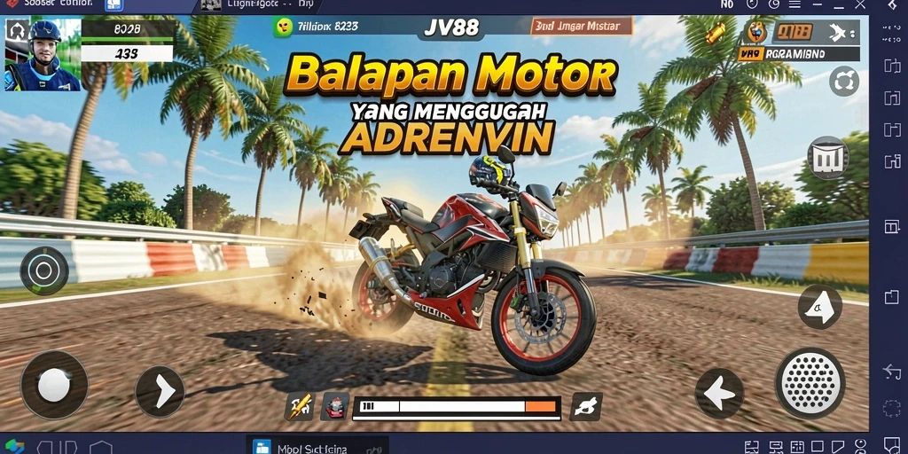 Tampilan gameplay menegangkan dari JV88 yang penuh aksi balapan motor.