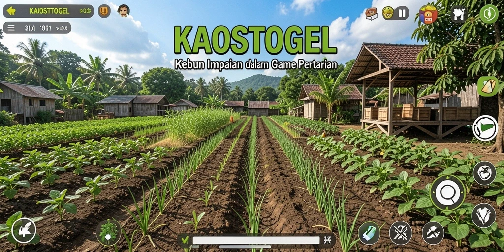 Screenshot gameplay KAOSTOGEL menampilkan kebun yang subur dan tanaman beraneka ragam.