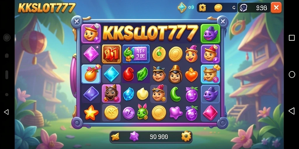 Tampilan gameplay KKSLOT777 dengan simbol-simbol berwarna yang mencolok.