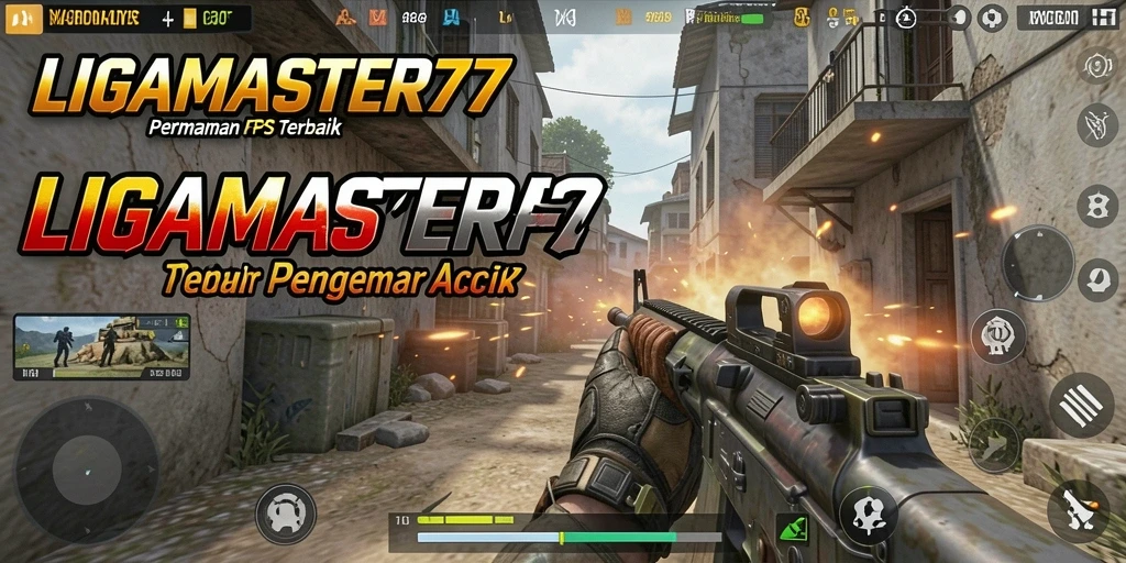 Screenshot LIGAMASTER77 menampilkan aksi intens dalam pertempuran FPS.
