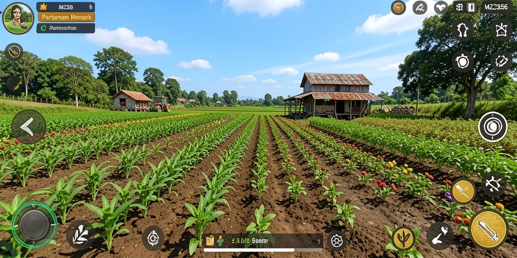 Screenshot menampilkan pemain mengelola ladang dengan tanaman subur.