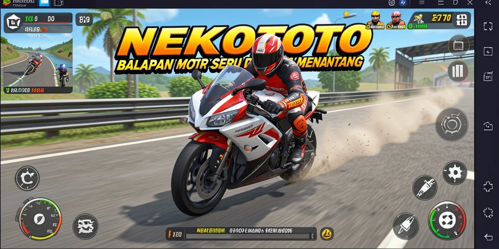 Tampilan gameplay seru NEKOTOTO dengan aksi balapan motor penuh adrenalin.