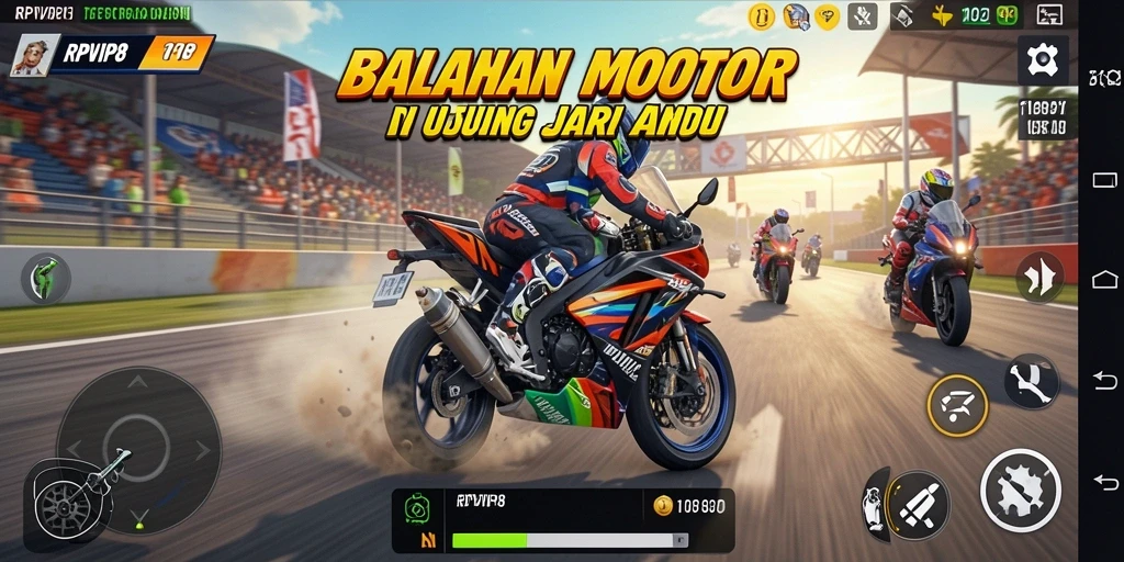 Tangkapan layar gameplay RPVIP8 yang memukau dengan balapan motor yang intens.