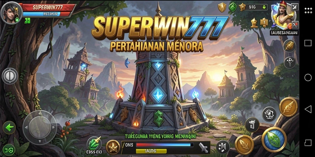 Screenshot gameplay SUPERWIN777 menunjukkan aksi menara yang epik dan serangan musuh.