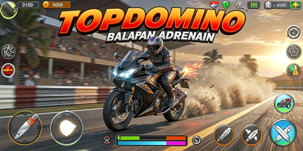 Screenshot utama TOPDOMINO menunjukkan aksi balapan motor yang seru dan mendebarkan.